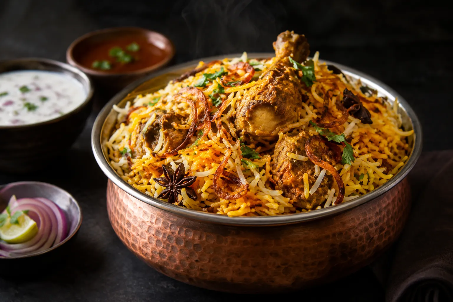 Chicken biryani in a copper serving bowl