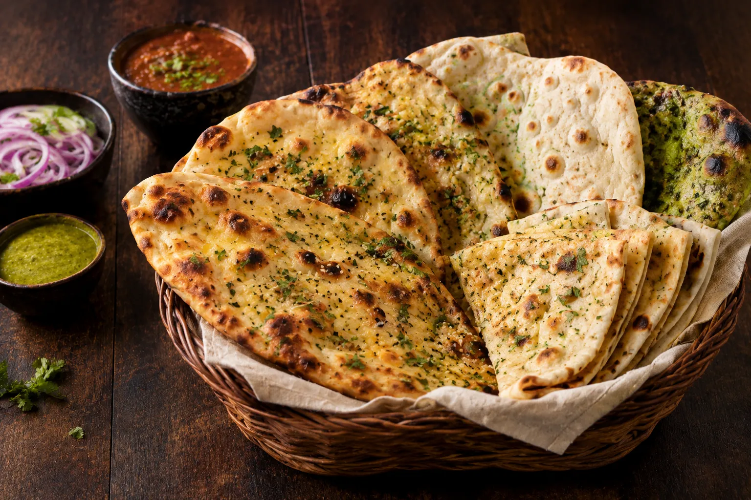 Basket of fresh naan and garlic naan with chutneys