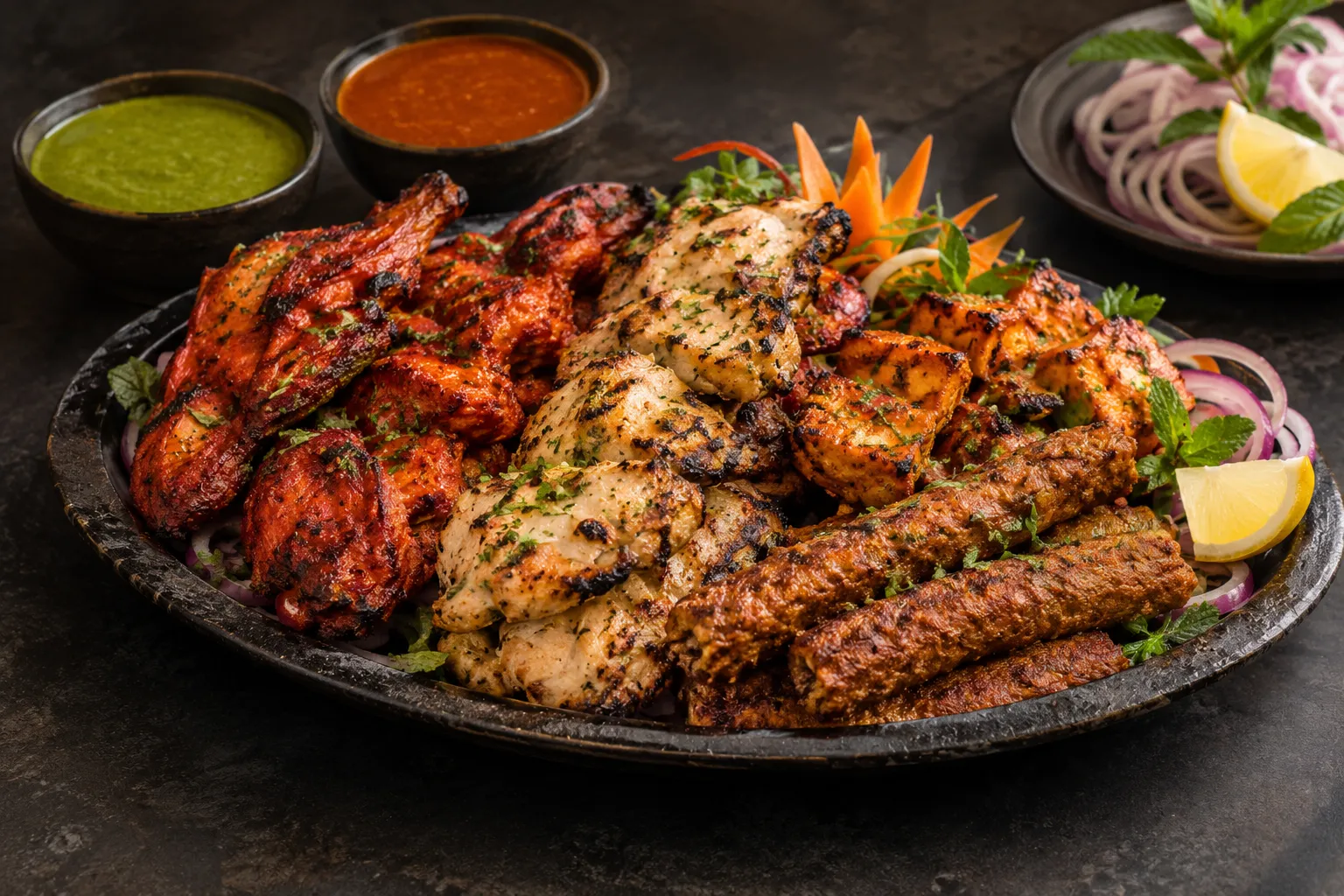 Tandoori mixed grill platter with chicken tikka and seekh kebabs
