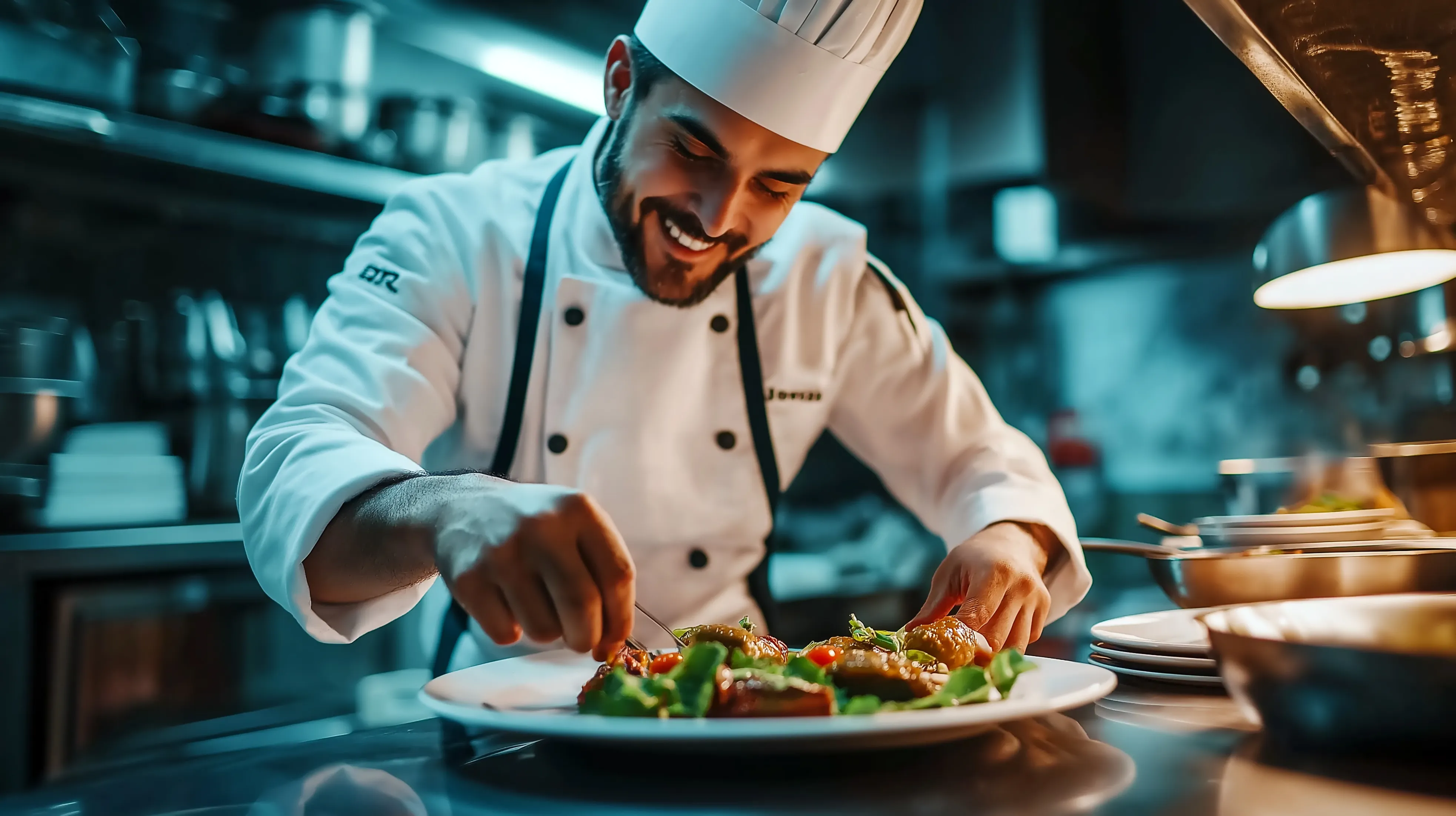 Chef plating a freshly prepared dish in the Om Cuisine of India kitchen